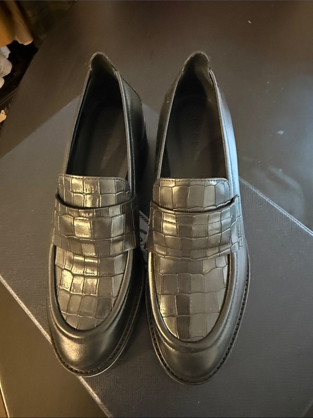 The Elsa Loafer Women's Black Croc-Embossed Penny Loafers
